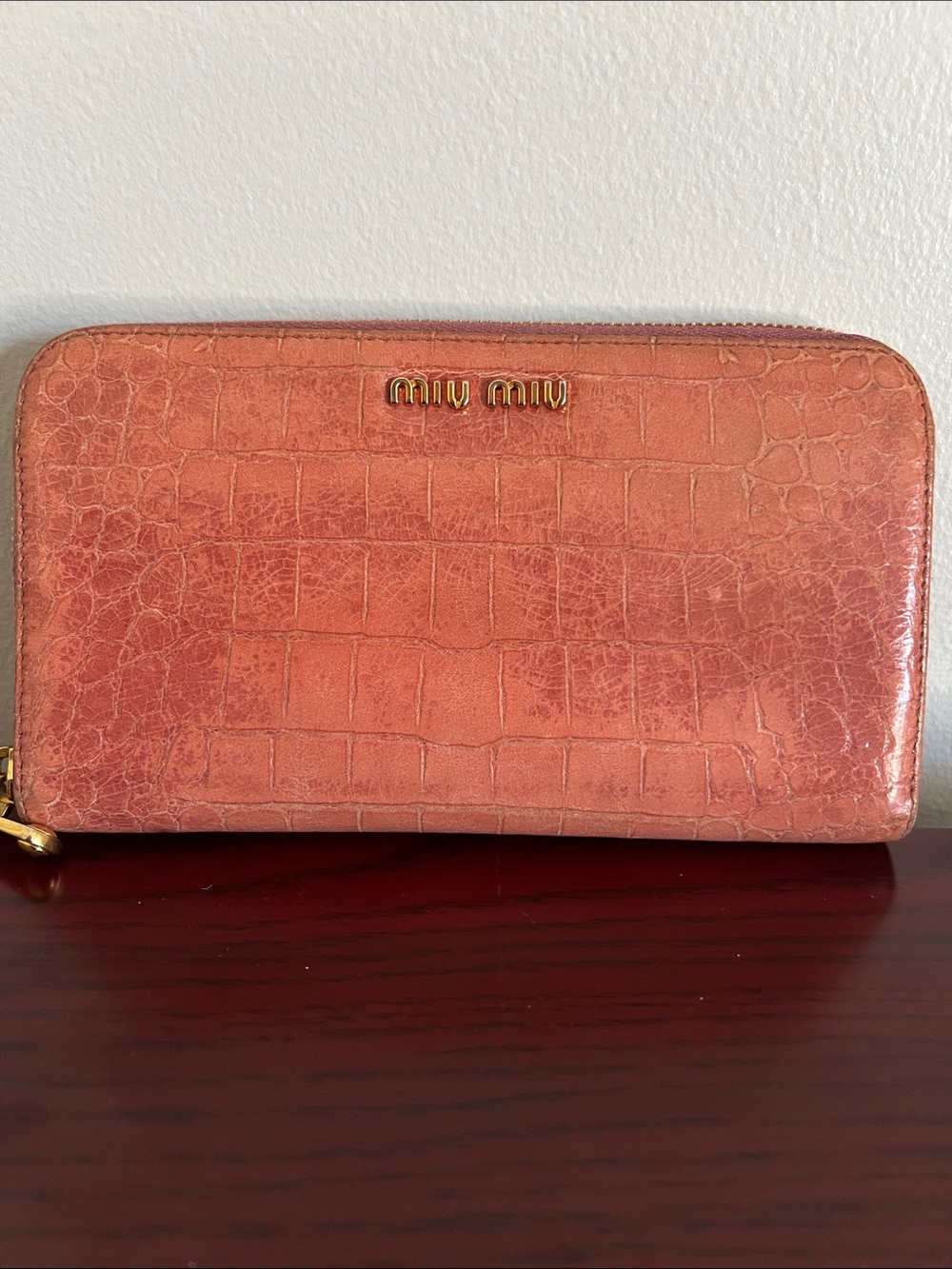 Miu Miu Croc-Embossed Zip Wallet with Gold Hardware